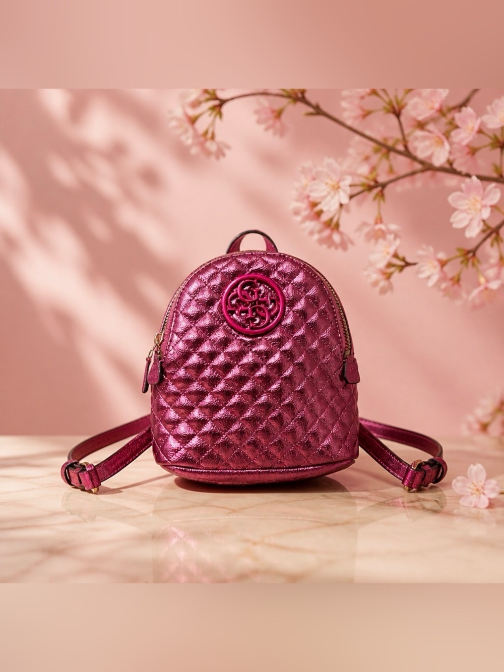 Guess Metallic Quilted Mini Backpack - Magenta with gift set